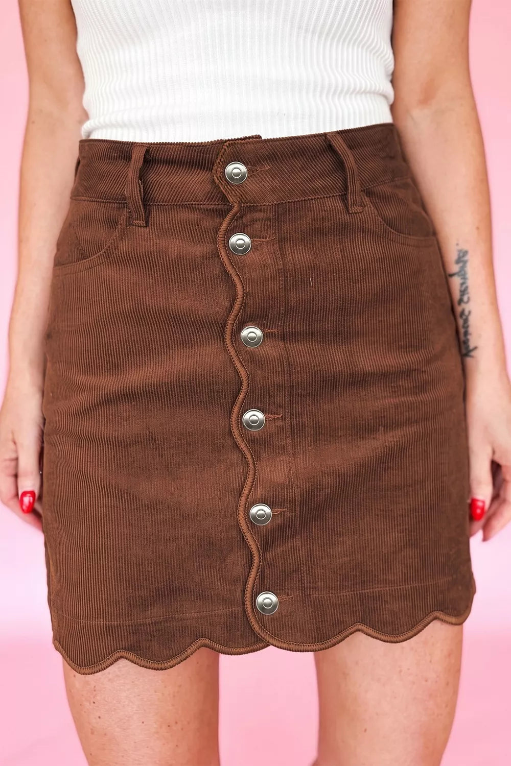 Button Front Corduroy Mini Pockets Sheath Silhouette Skirt - Meltem & Co.