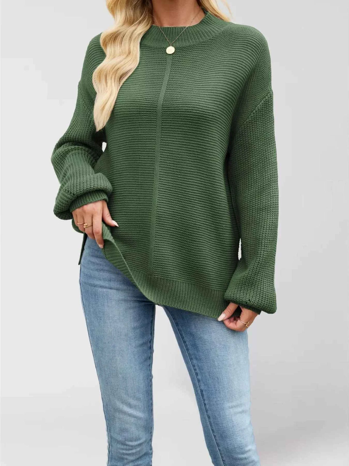 Ribbed Mock Neck Drop Shoulder Sweater