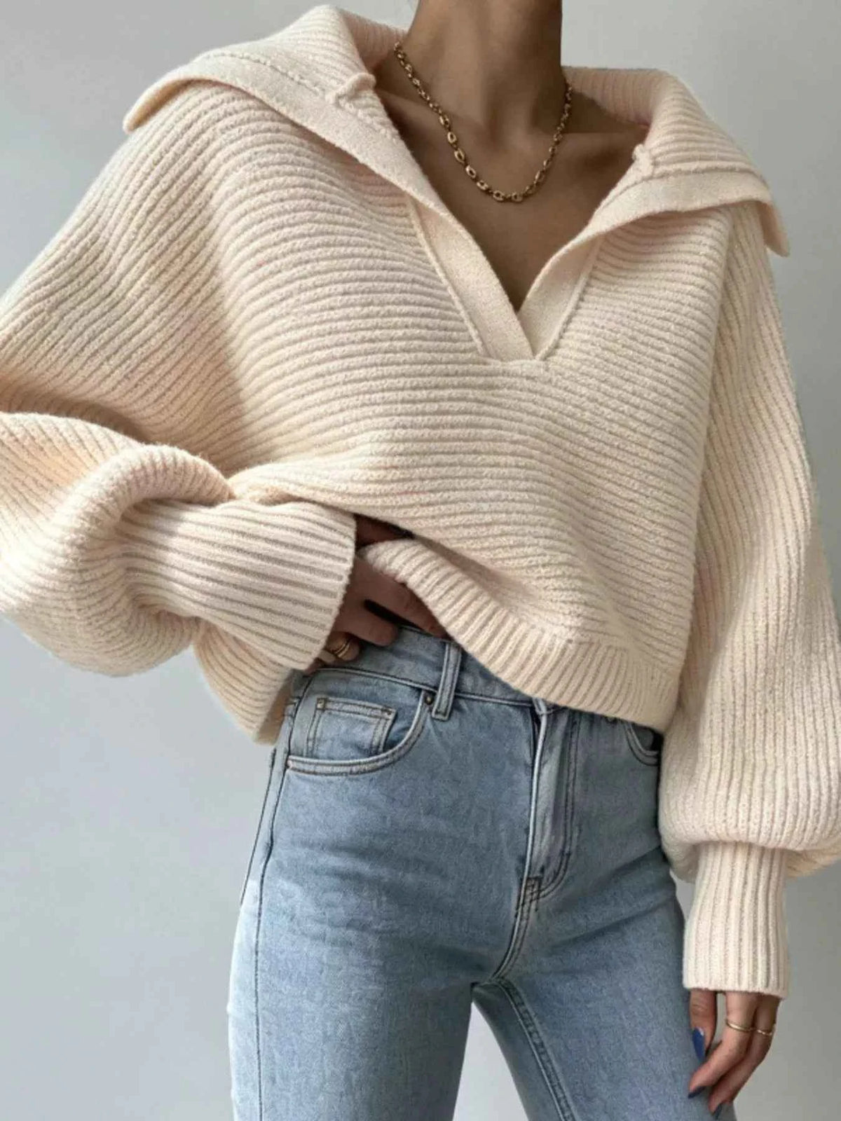 Oversized Collar Ribbed Cropped Sweater
