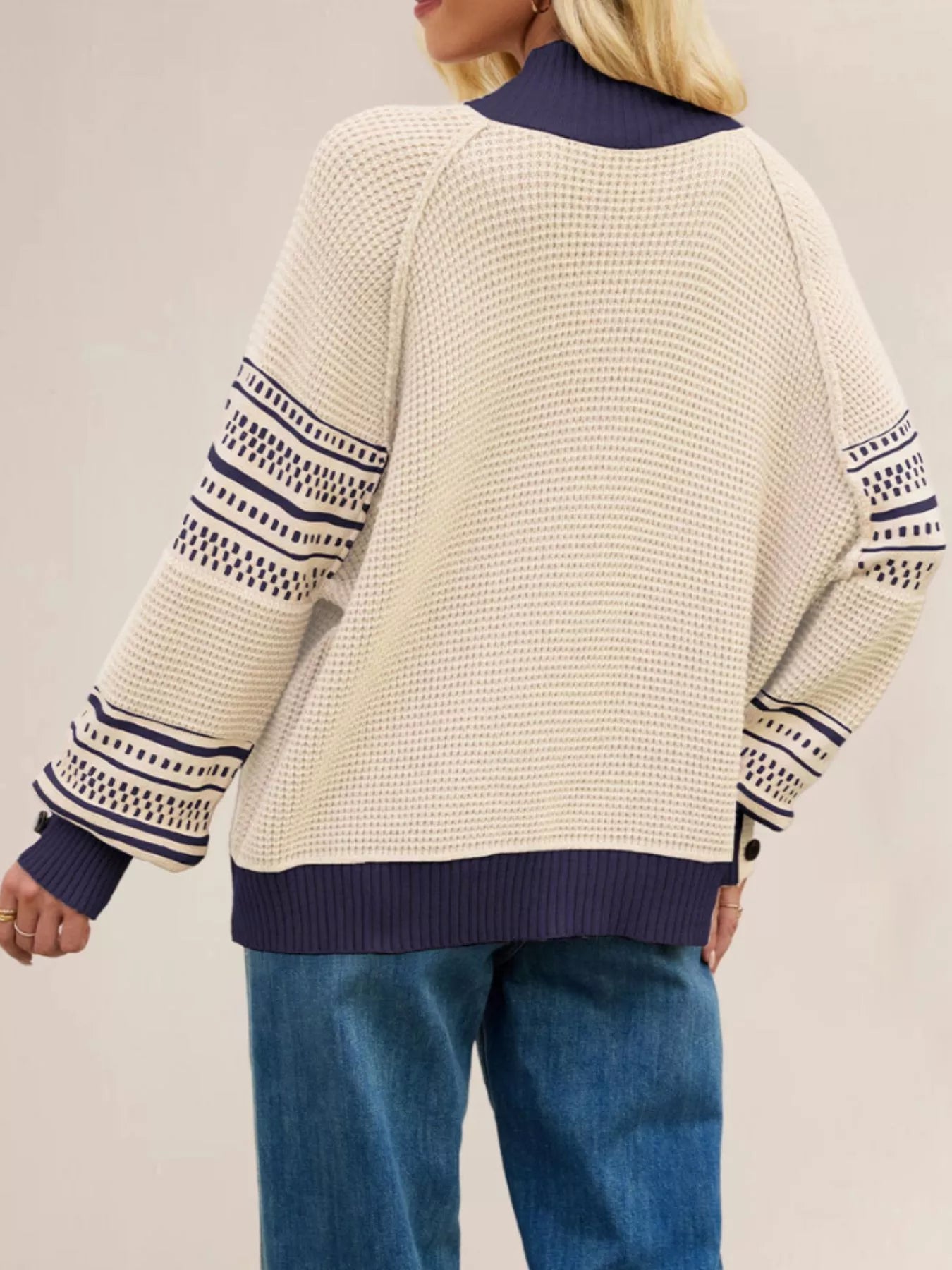 Color-Block Mock Neck Waffle Knit Sweater - Meltem & Co.