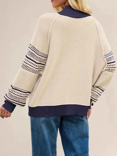Color-Block Mock Neck Waffle Knit Sweater