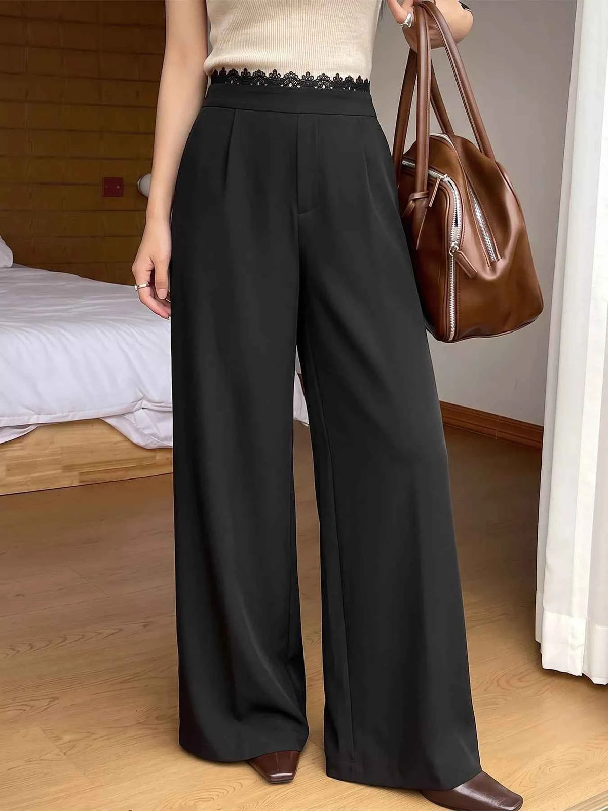 High-Waisted Wide-Leg Lace-Trimmed Pants