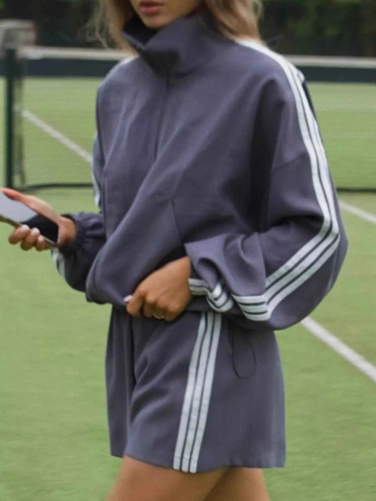 Side Stripe Detail Cropped Sporty Jacket and Shorts Set