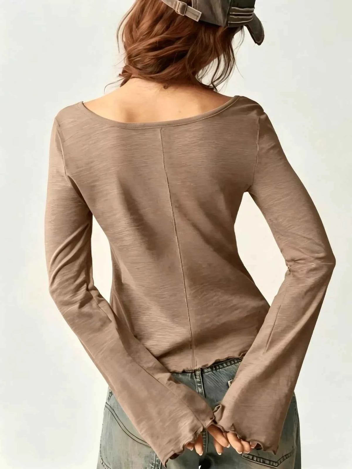 Square Neck Long Sleeve Slim-Fit T-Shirt