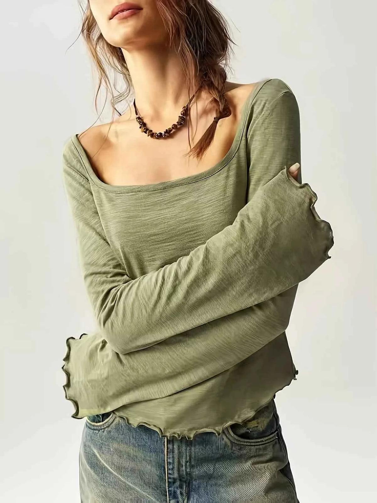 Square Neck Long Sleeve Slim-Fit T-Shirt