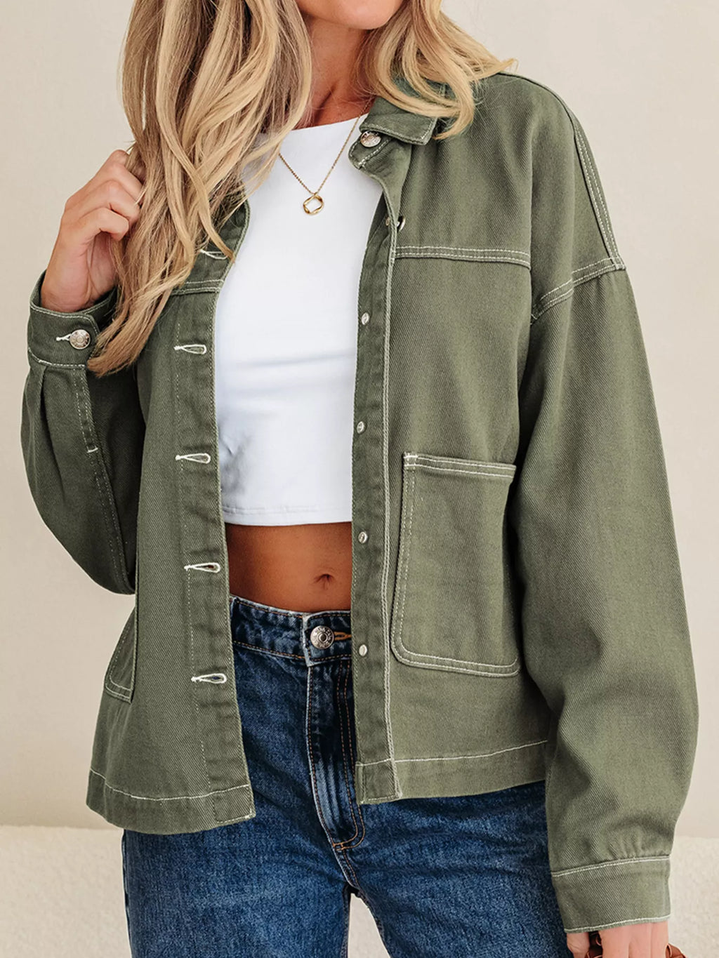 Patched Pocket Collared Button Front Boyfriend Denim Jacket - Meltem & Co.