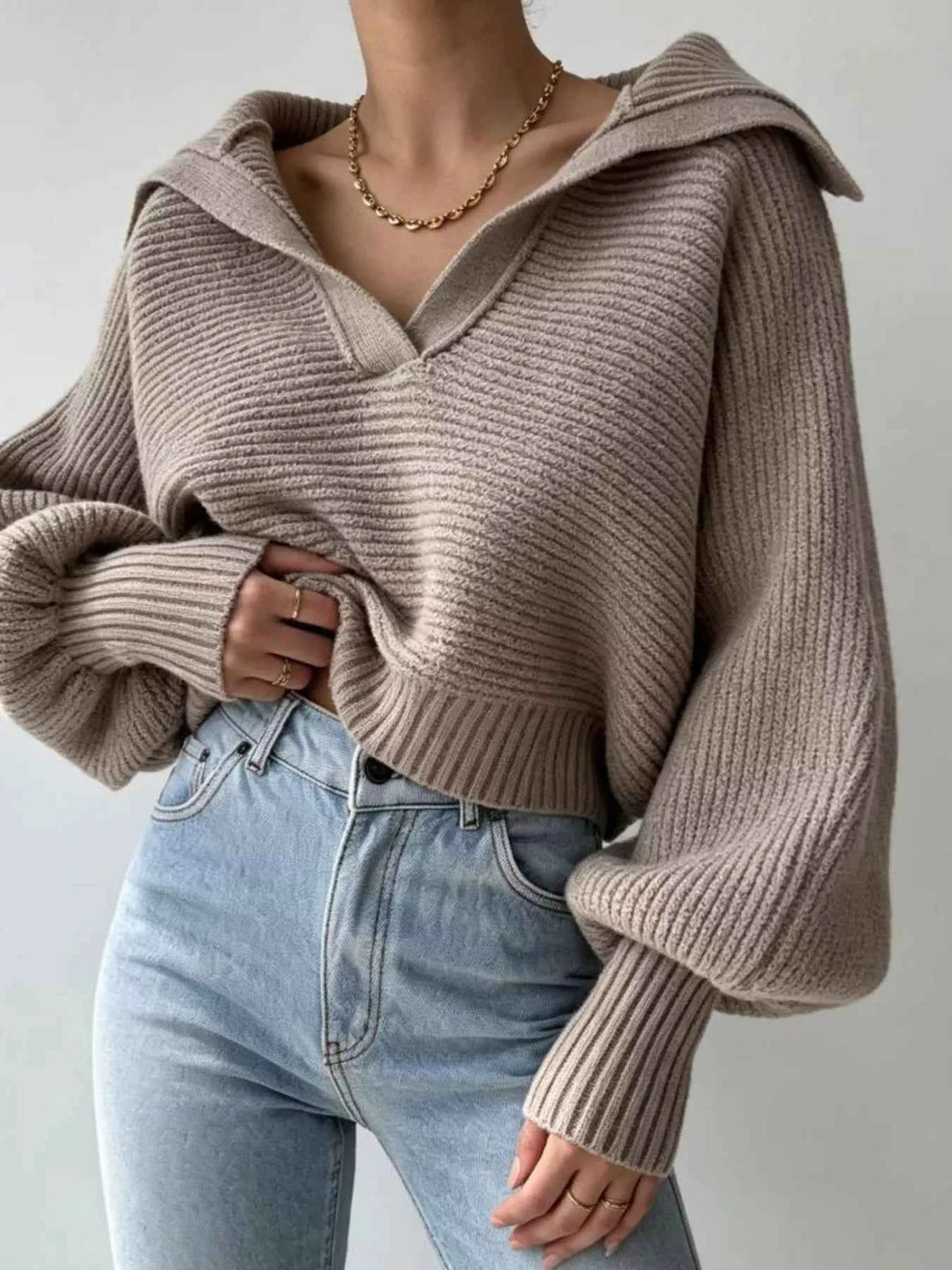 Oversized Collar Ribbed Cropped Sweater