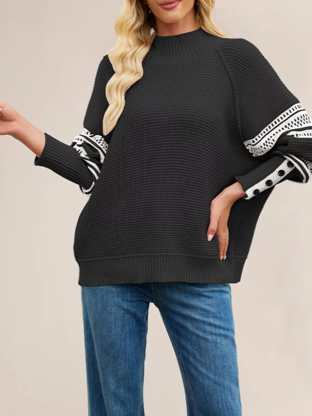 Color-Block Mock Neck Waffle Knit Sweater - Meltem & Co.