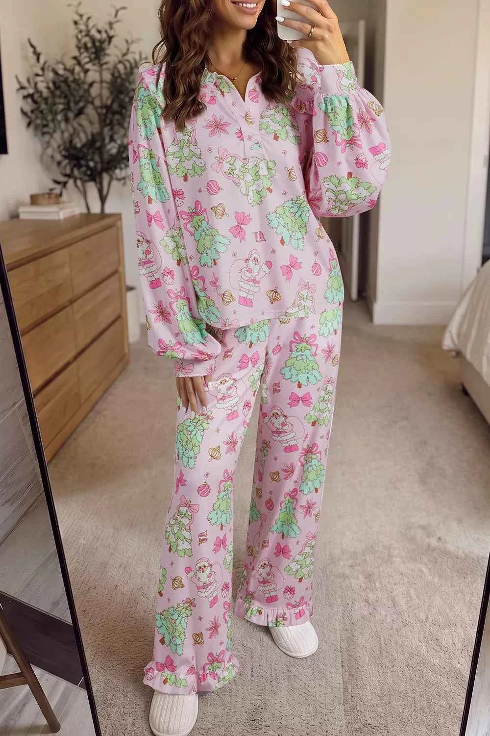 Christmas Print Button Front Long Sleeve Lounge Set