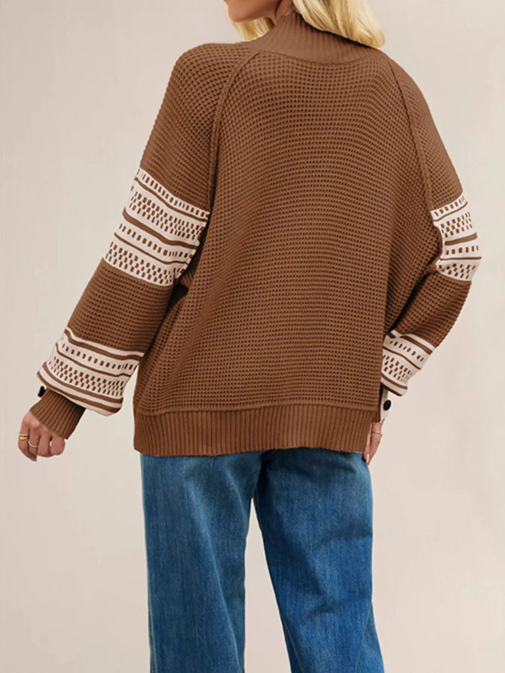 Color-Block Mock Neck Waffle Knit Sweater - Meltem & Co.