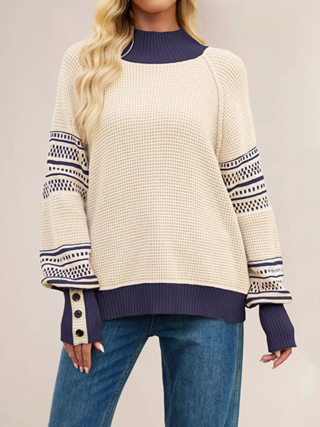 Color-Block Mock Neck Waffle Knit Sweater - Meltem & Co.