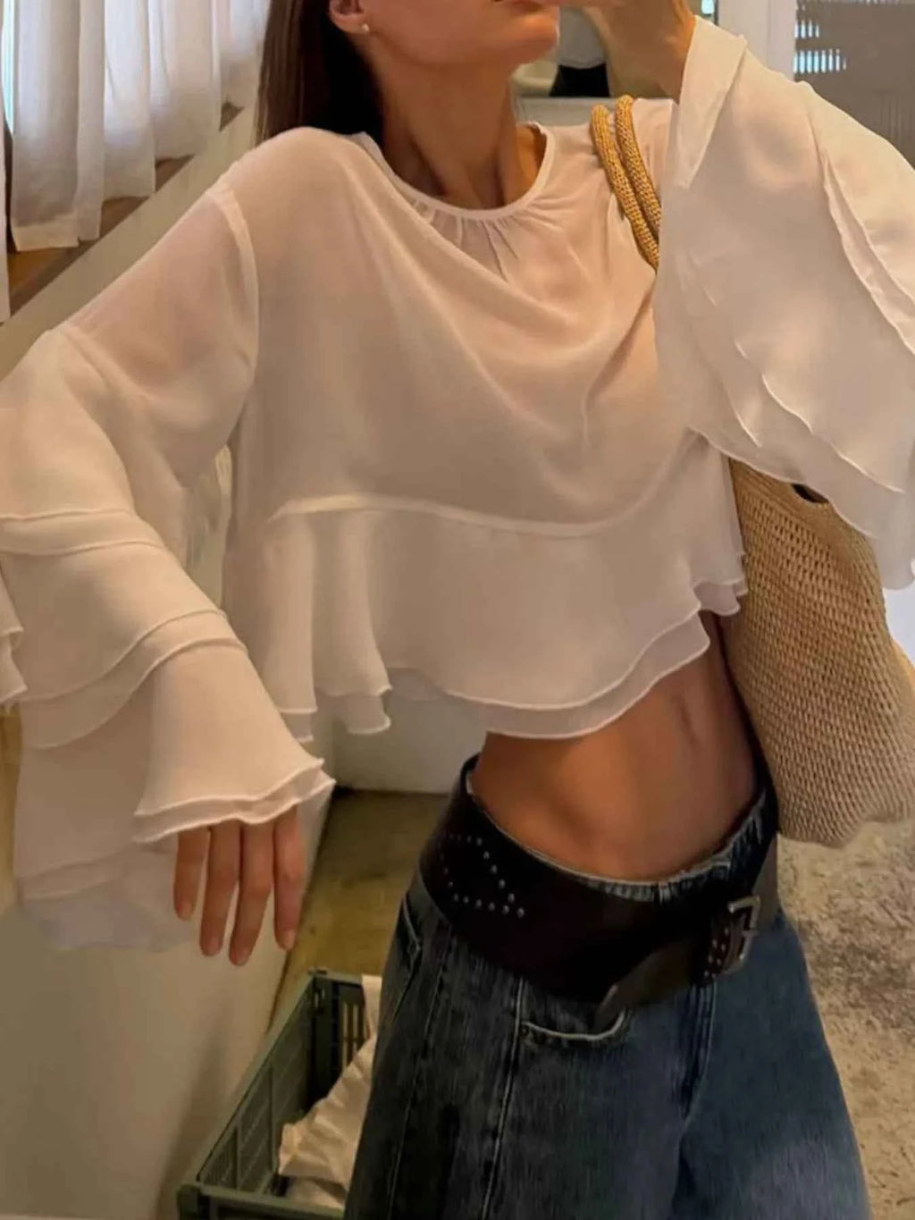 Layered Ruffled Hem Flare Sleeves Blouse