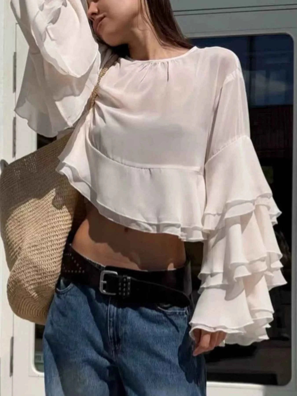Layered Ruffled Hem Flare Sleeves Blouse
