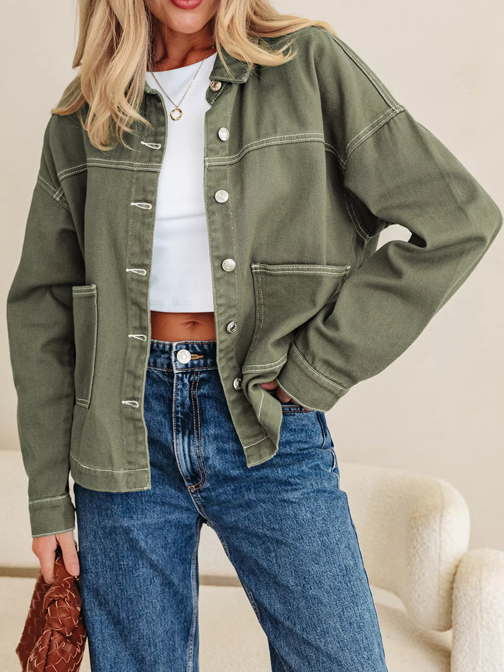Patched Pocket Collared Button Front Boyfriend Denim Jacket - Meltem & Co.