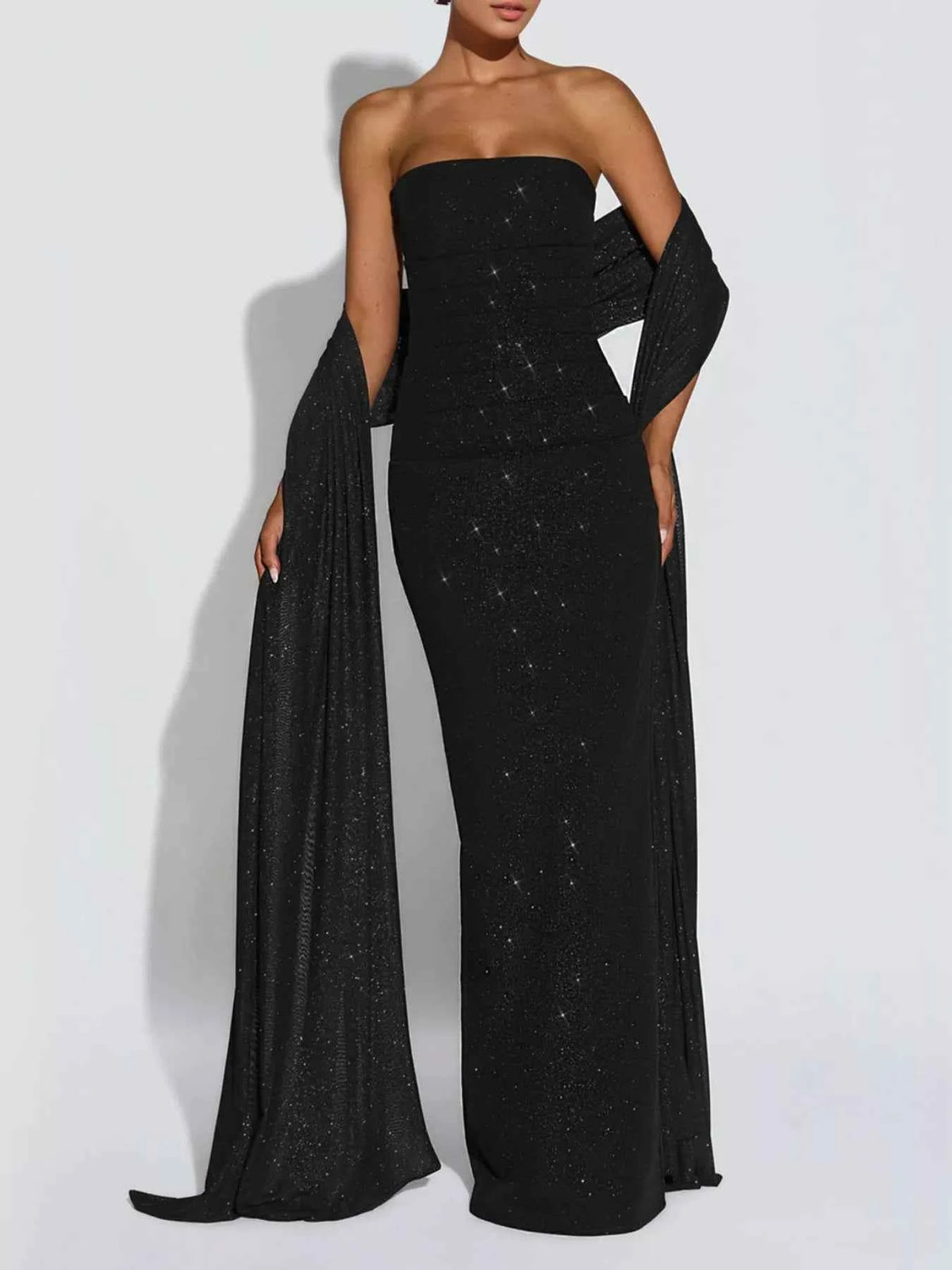Slit Glitter Tube Maxi Dress with Scarf
