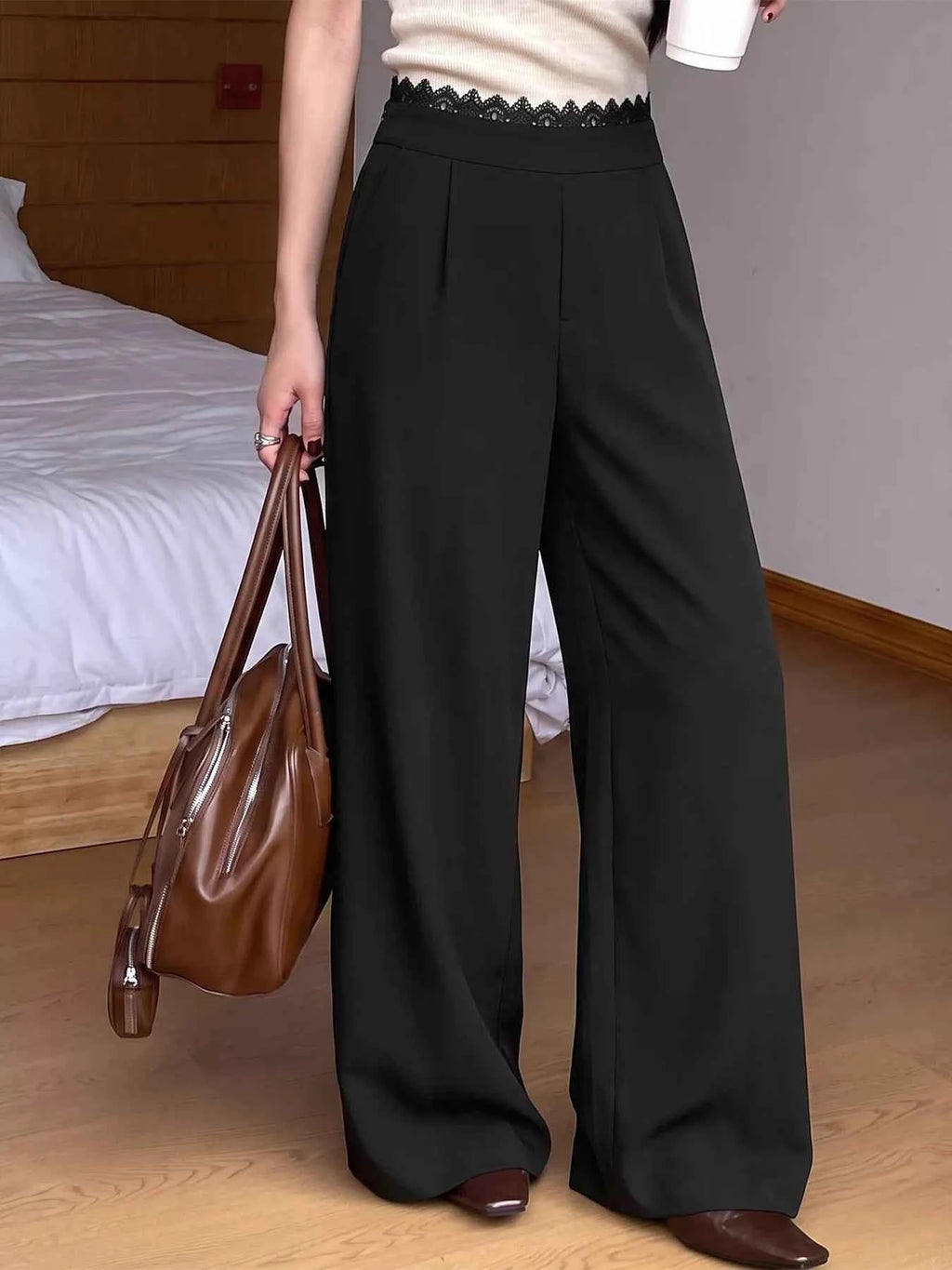 High-Waisted Wide-Leg Lace-Trimmed Pants
