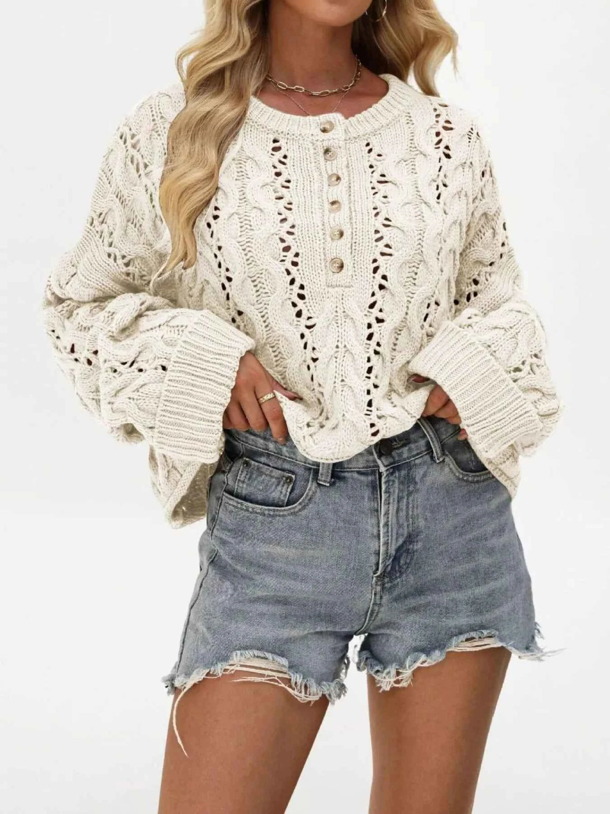 Chic Cable Knit Half-Button Openwork Sweater