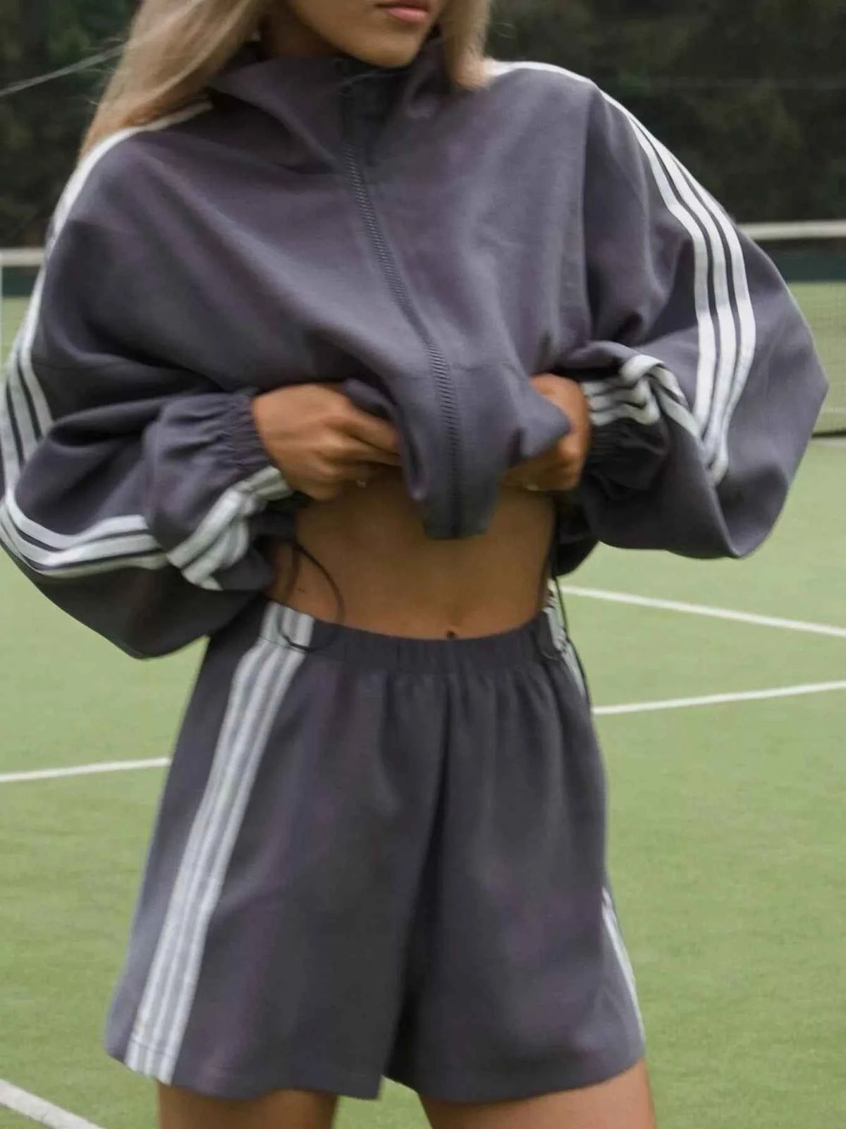Side Stripe Detail Cropped Sporty Jacket and Shorts Set
