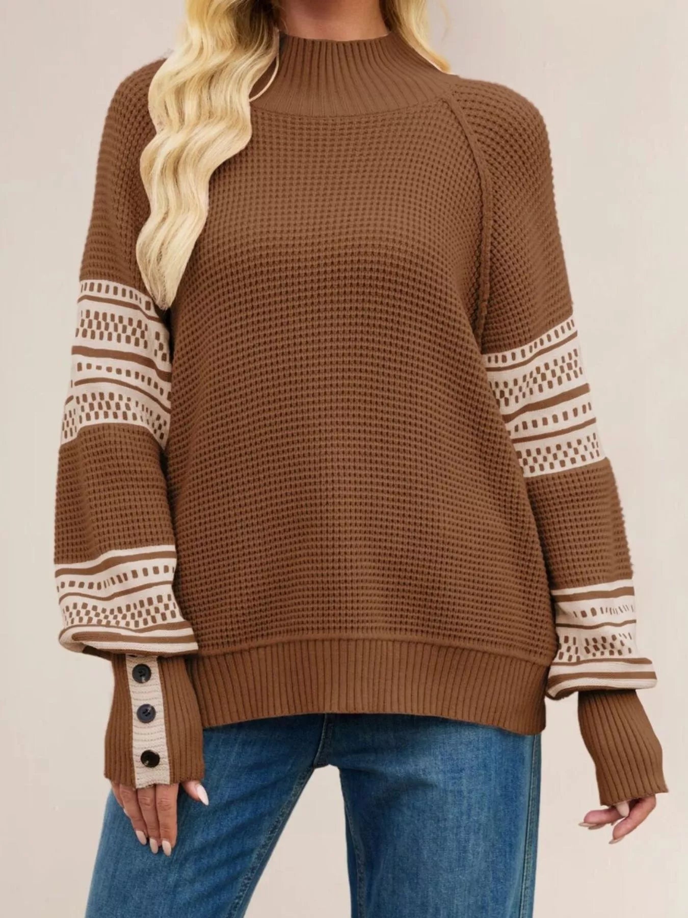 Color-Block Mock Neck Waffle Knit Sweater - Meltem & Co.
