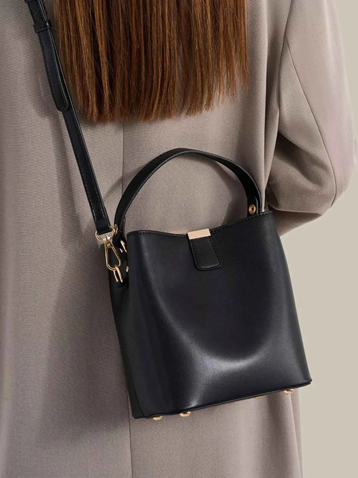 PU Leather Bucket Crossbody Bag with Gold-Tone Hardware