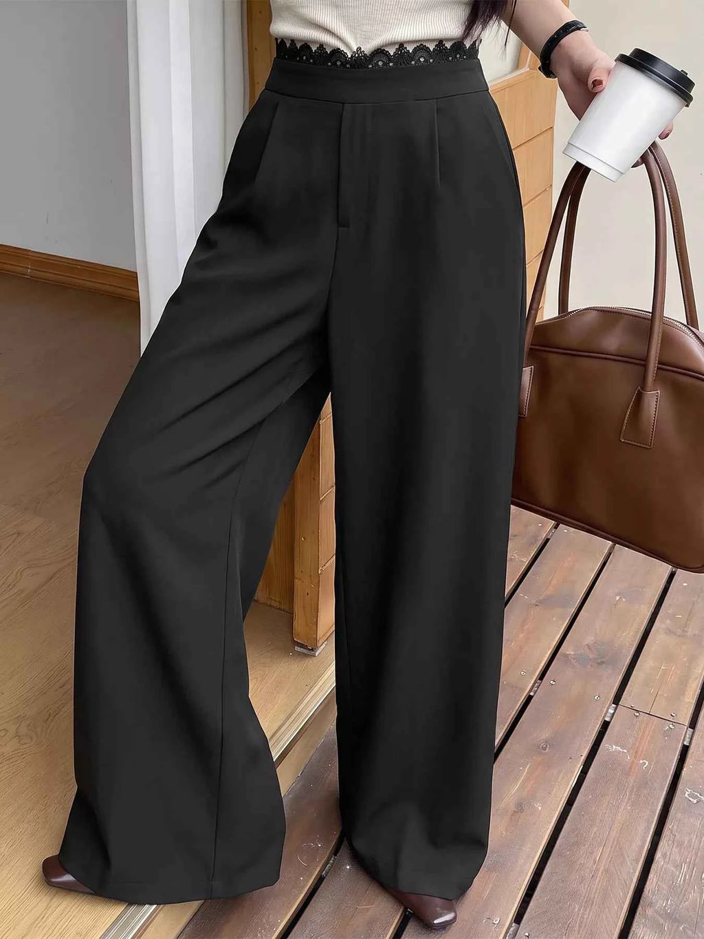 High-Waisted Wide-Leg Lace-Trimmed Pants