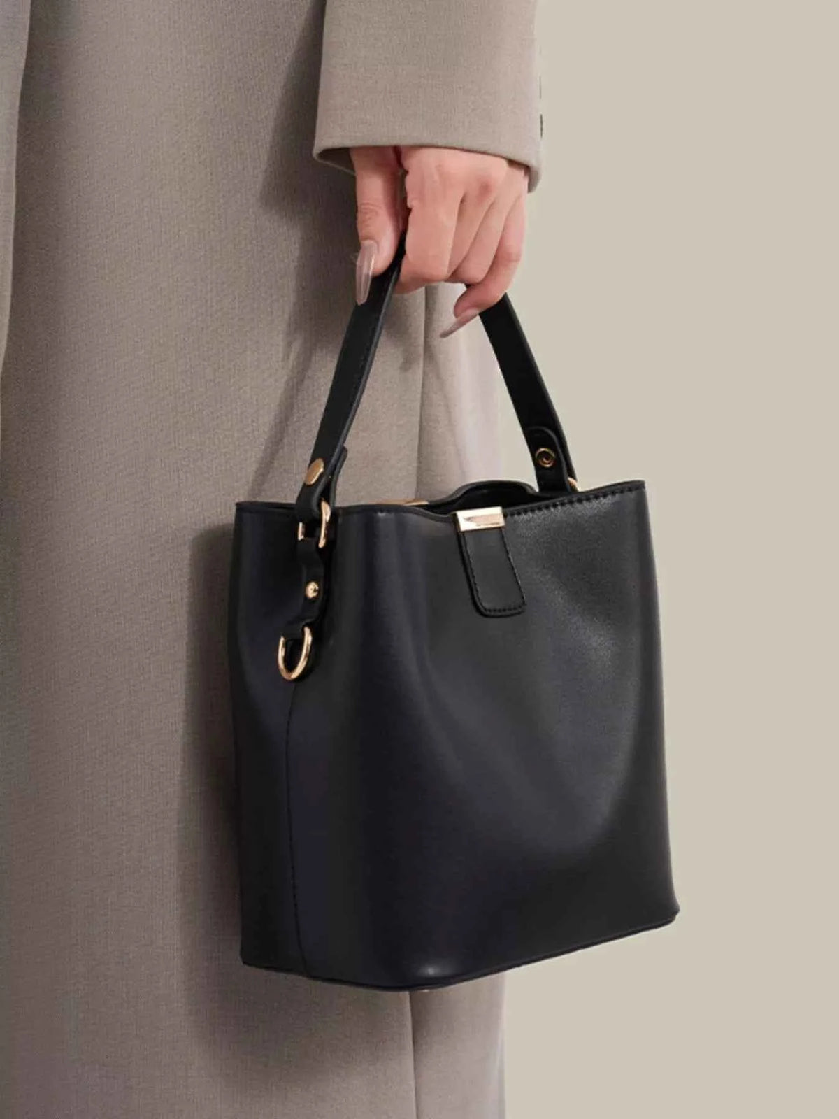 PU Leather Bucket Crossbody Bag with Gold-Tone Hardware