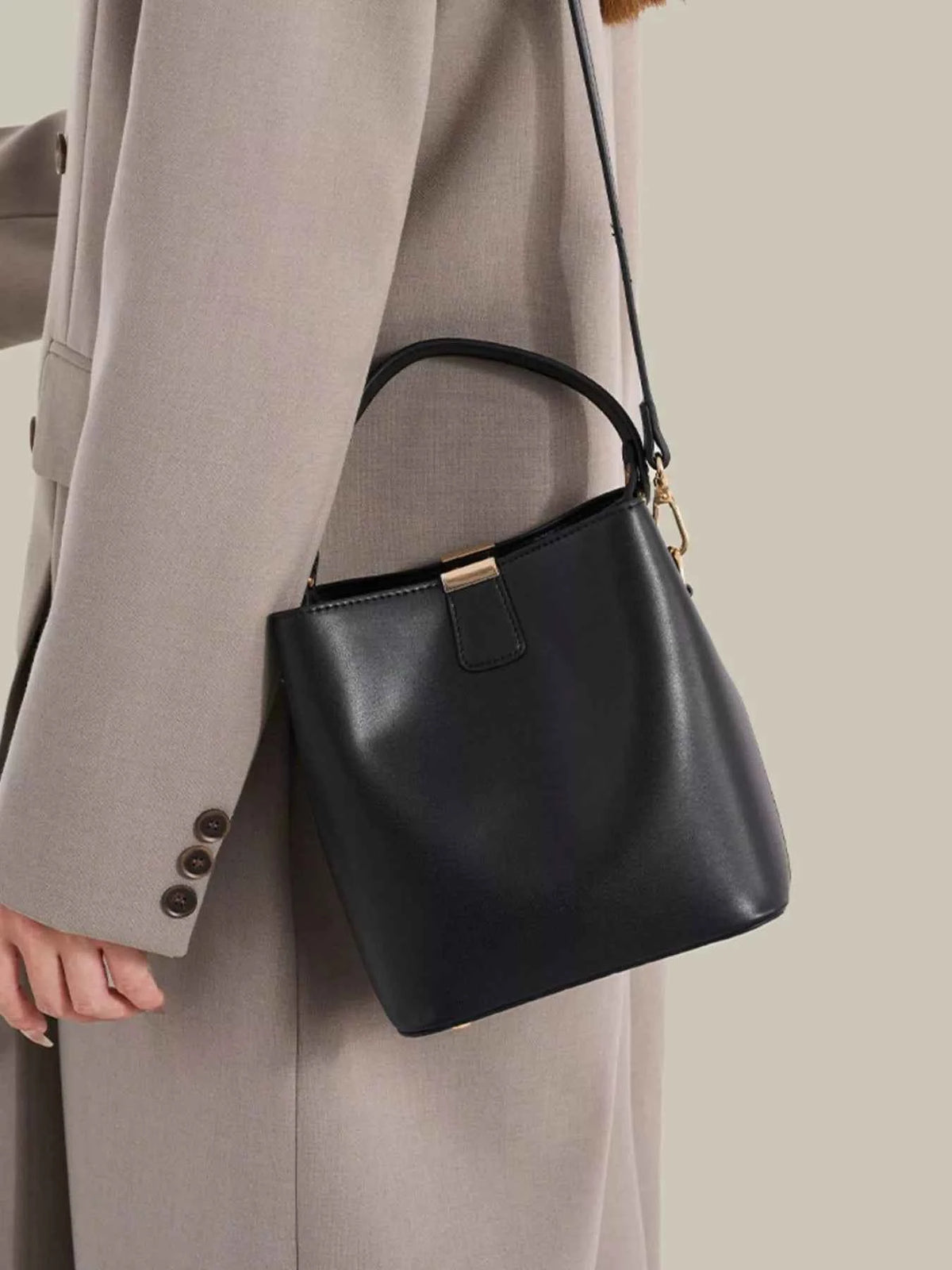 PU Leather Bucket Crossbody Bag with Gold-Tone Hardware