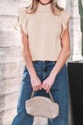 Cable Knit Turtleneck Ruffled Short Sleeve Sweater