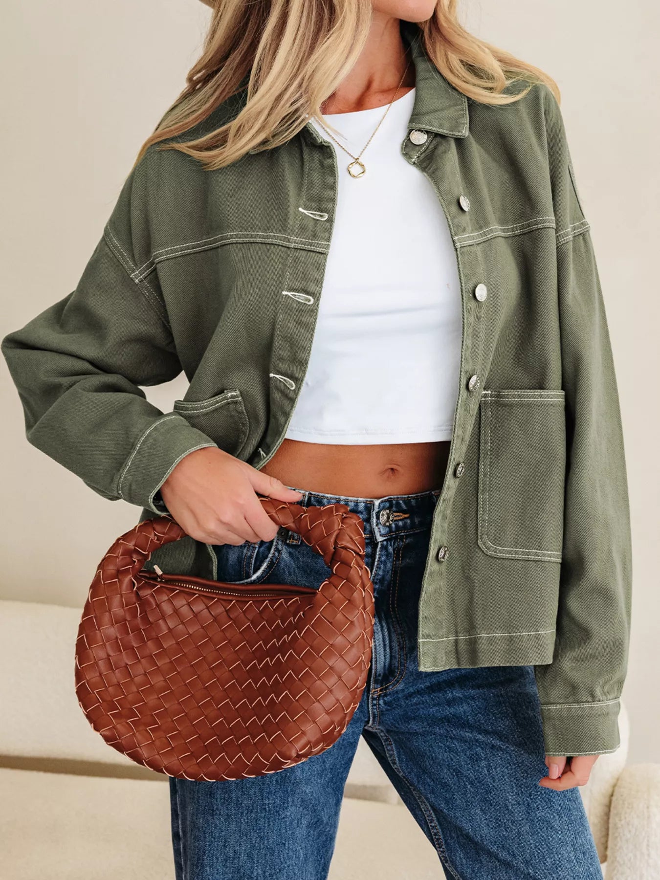Patched Pocket Collared Button Front Boyfriend Denim Jacket - Meltem & Co.