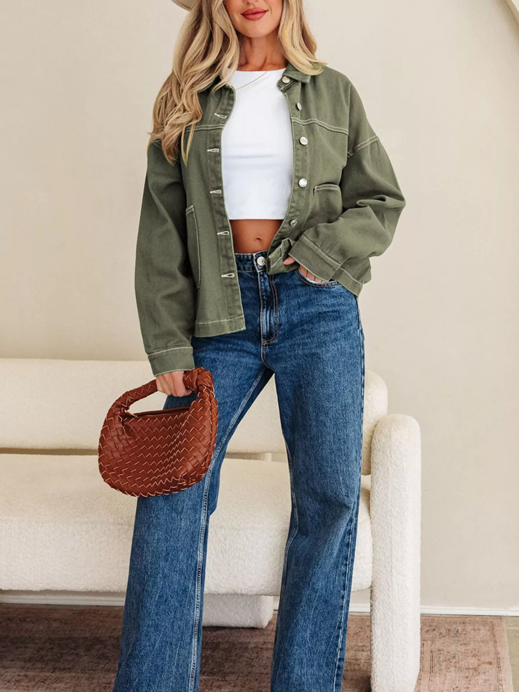 Patched Pocket Collared Button Front Boyfriend Denim Jacket - Meltem & Co.